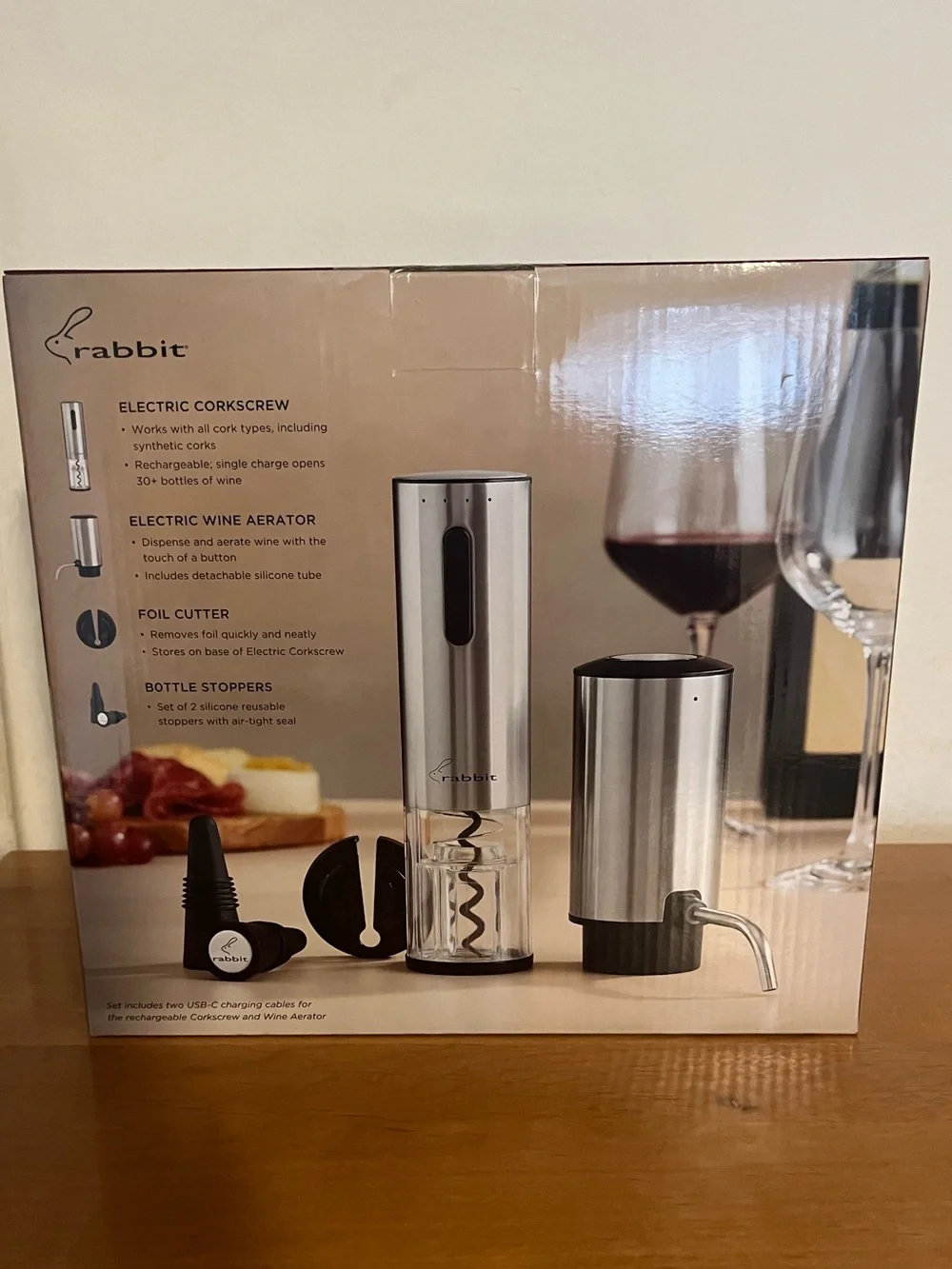 NIB Rabbit 5 piece electric wine aerator & corkscrew set